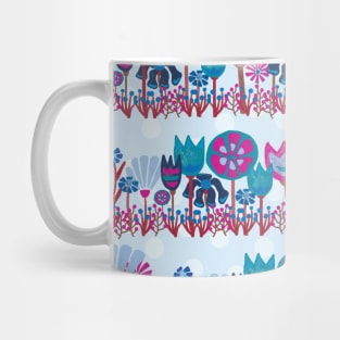 Flower field. Tulips, Dianthus, and Lily flowers in row. Mug